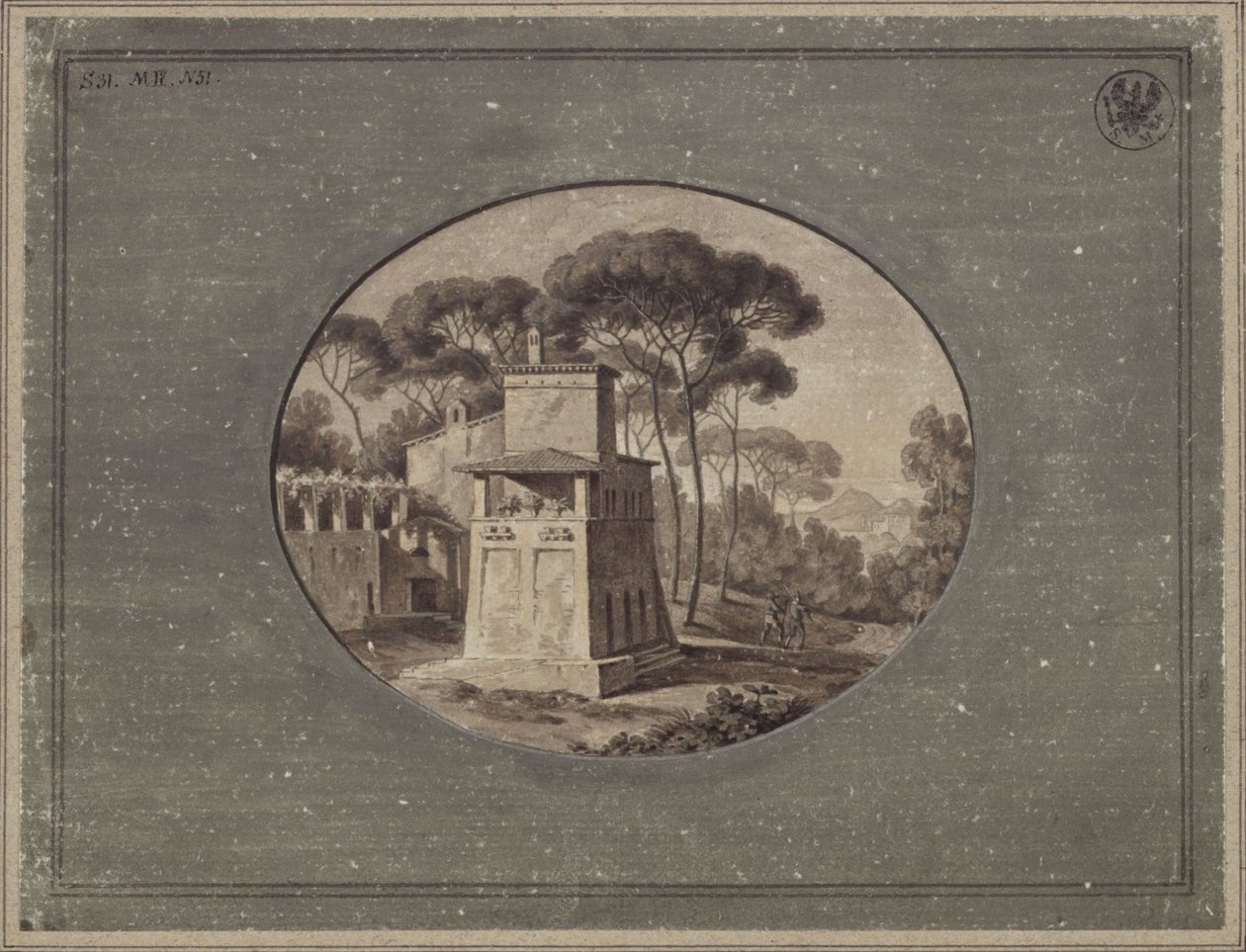 "Meijeri Villa Borghesen mäntylehdossa Rooman lähellä" / Casa Cenci Villa Borghesen puistossa Roomassa tekijältä Karl Friedrich Schinkel