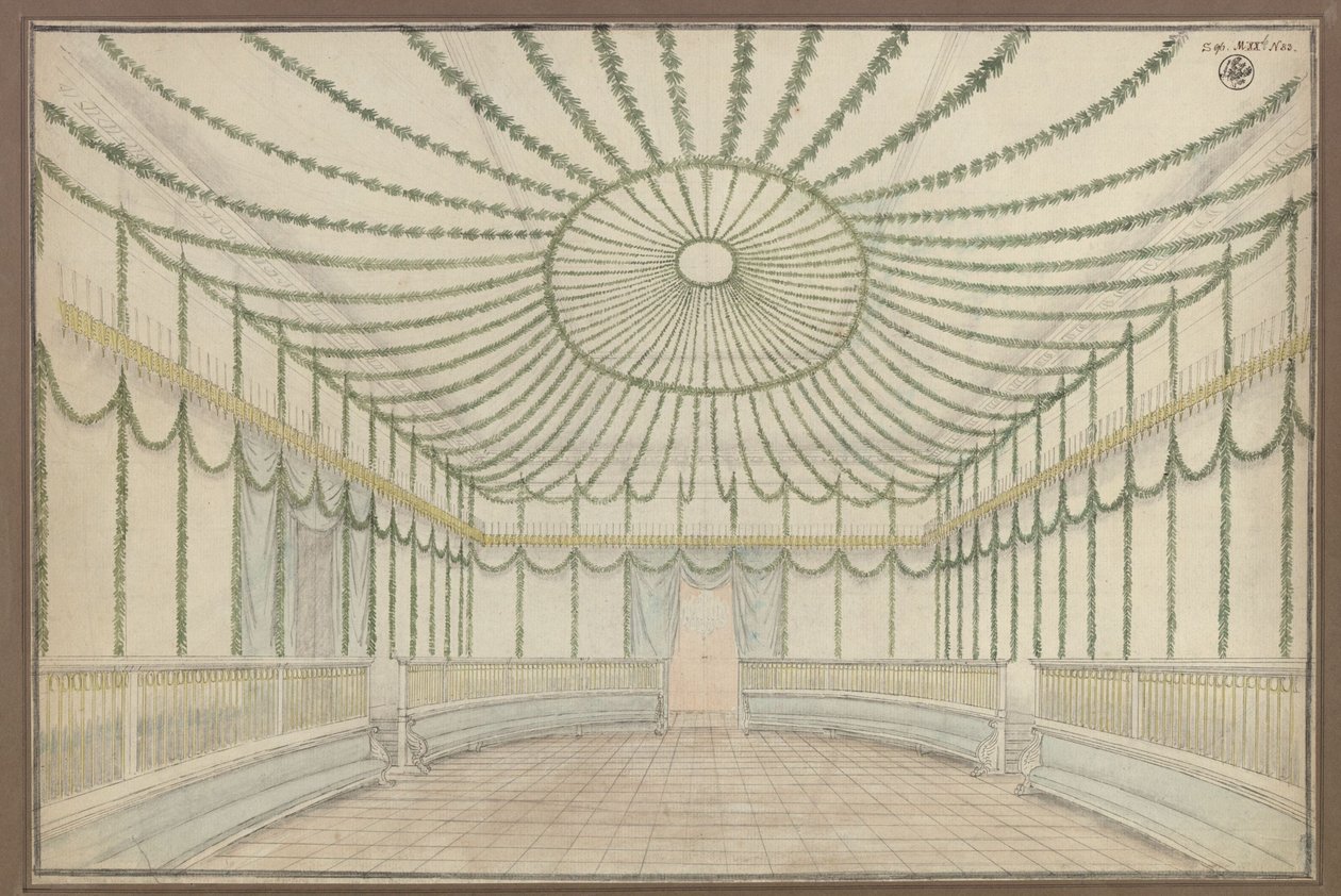 Merseburg. Linna. Luonnos salin koristeluksi Preussin Fredrik Vilhelm III:lle järjestettyjä kunnianosoitusjuhlallisuuksia varten tekijältä Karl Friedrich Schinkel