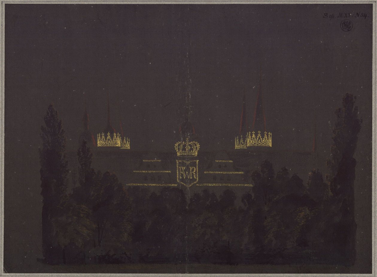 Merseburg. Linna. Suunnitelma linnan juhlavalaistukseksi Preussin kuninkaan Friedrich Wilhelm III:n kunnianosoitusjuhlallisuuksien yhteydessä tekijältä Karl Friedrich Schinkel