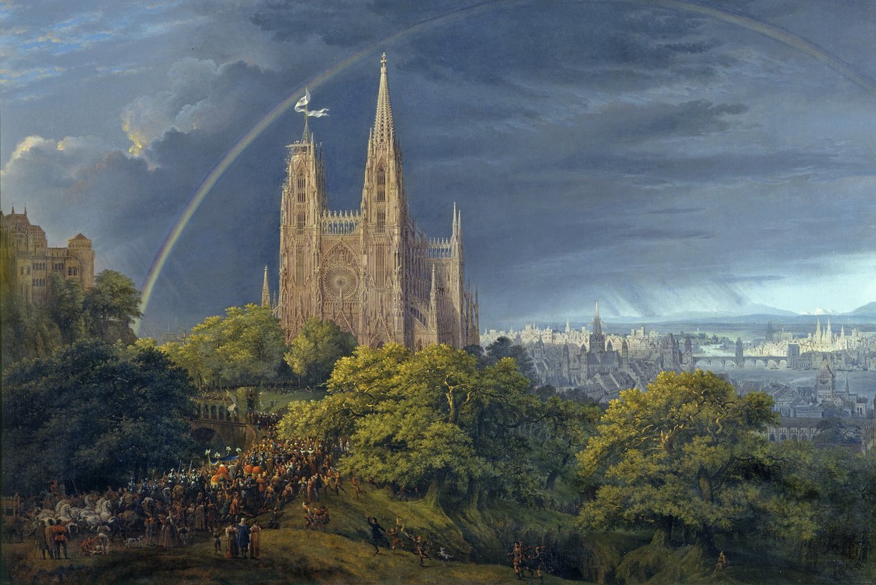 Keskiaikainen kaupunki joen varrella tekijältä Karl Friedrich Schinkel