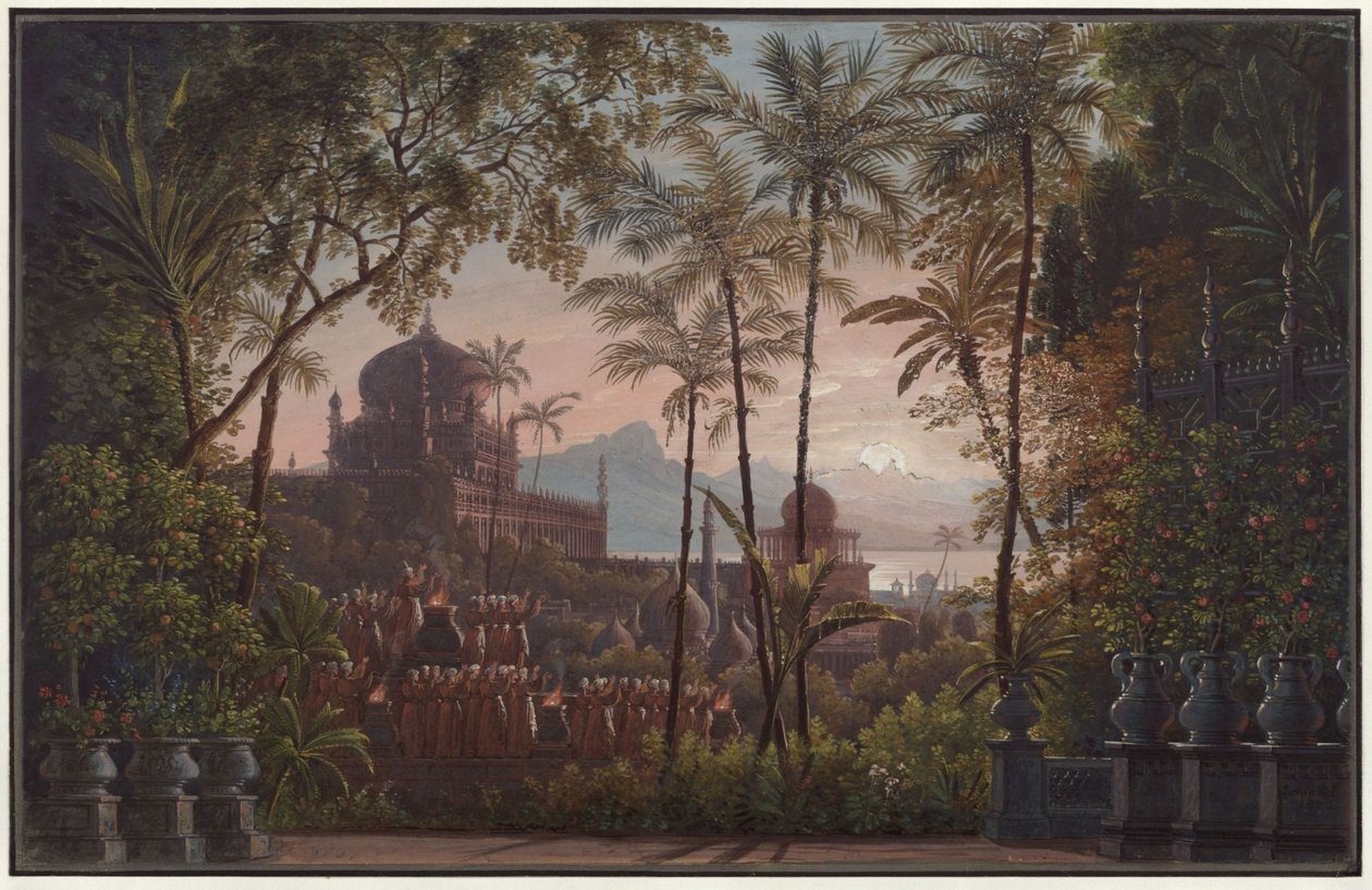 Nurmahal eli Kashmirin ruusujuhla. Gaspare Spontinin ooppera. Luonnos ensimmäiseen lavastukseen. Palatsin puutarha, josta avautuu näkymä Kashmiriin tekijältä Karl Friedrich Schinkel