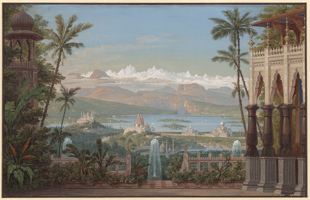 Nurmahal eli Kashmirin ruusujuhla. Gaspare Spontinin ooppera. Luonnos 2. lavastukseen. Puutarhaterassi, josta avautuu näkymä Kashmirin laaksoon tekijältä Karl Friedrich Schinkel