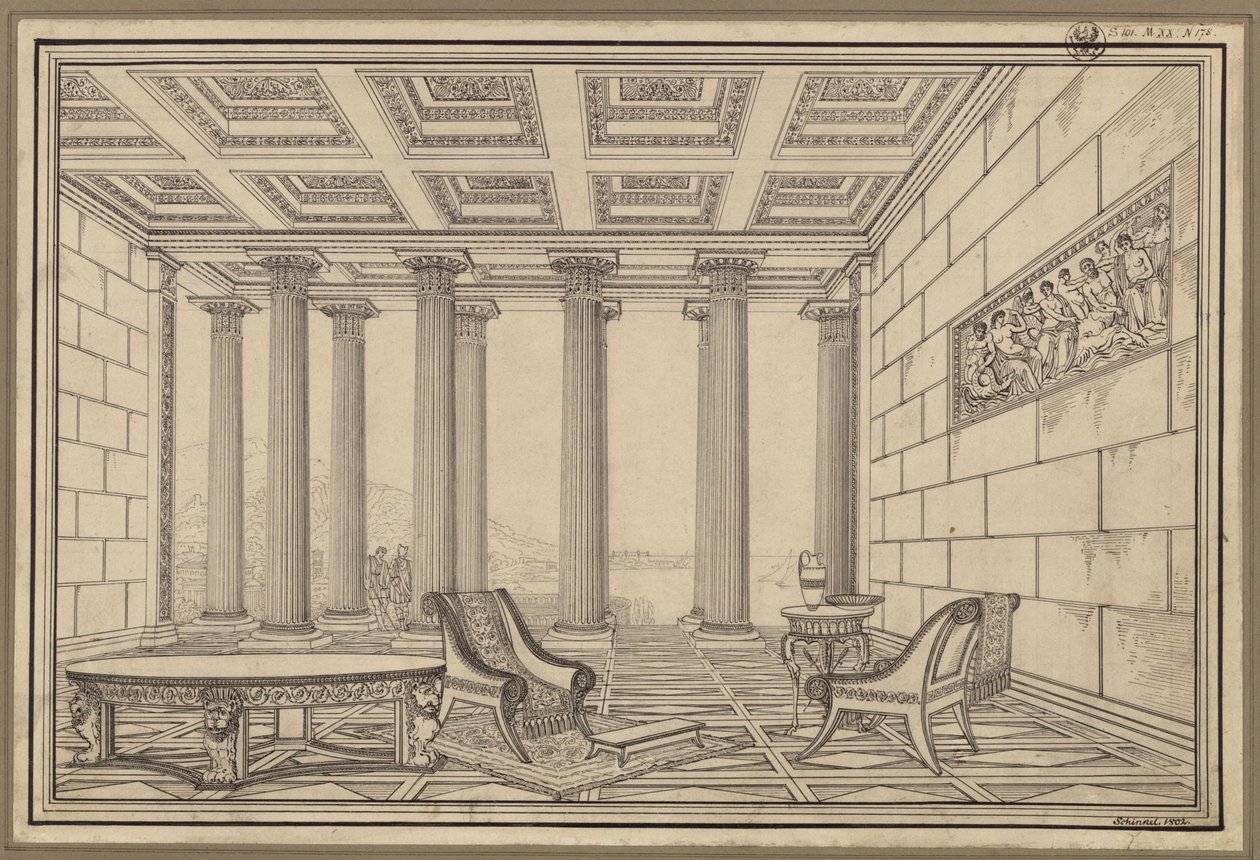 Antiikin tyylinen avoin halli meren rannalla tekijältä Karl Friedrich Schinkel