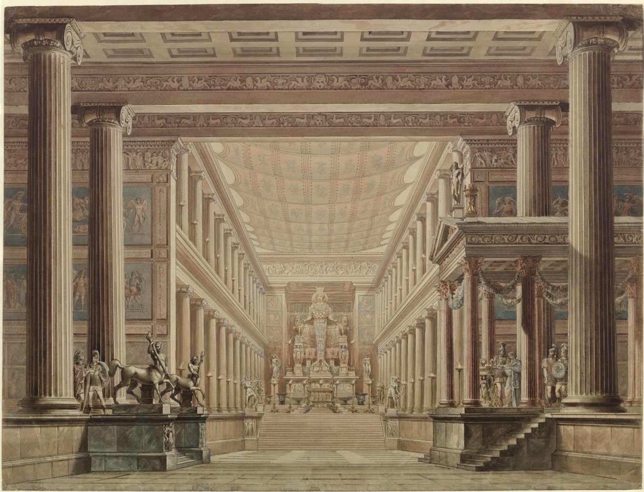 Olimpia. Gaspare Spontinin ooppera. Luonnos 2. lavastukseen. Dianan temppelin sisätilat tekijältä Karl Friedrich Schinkel