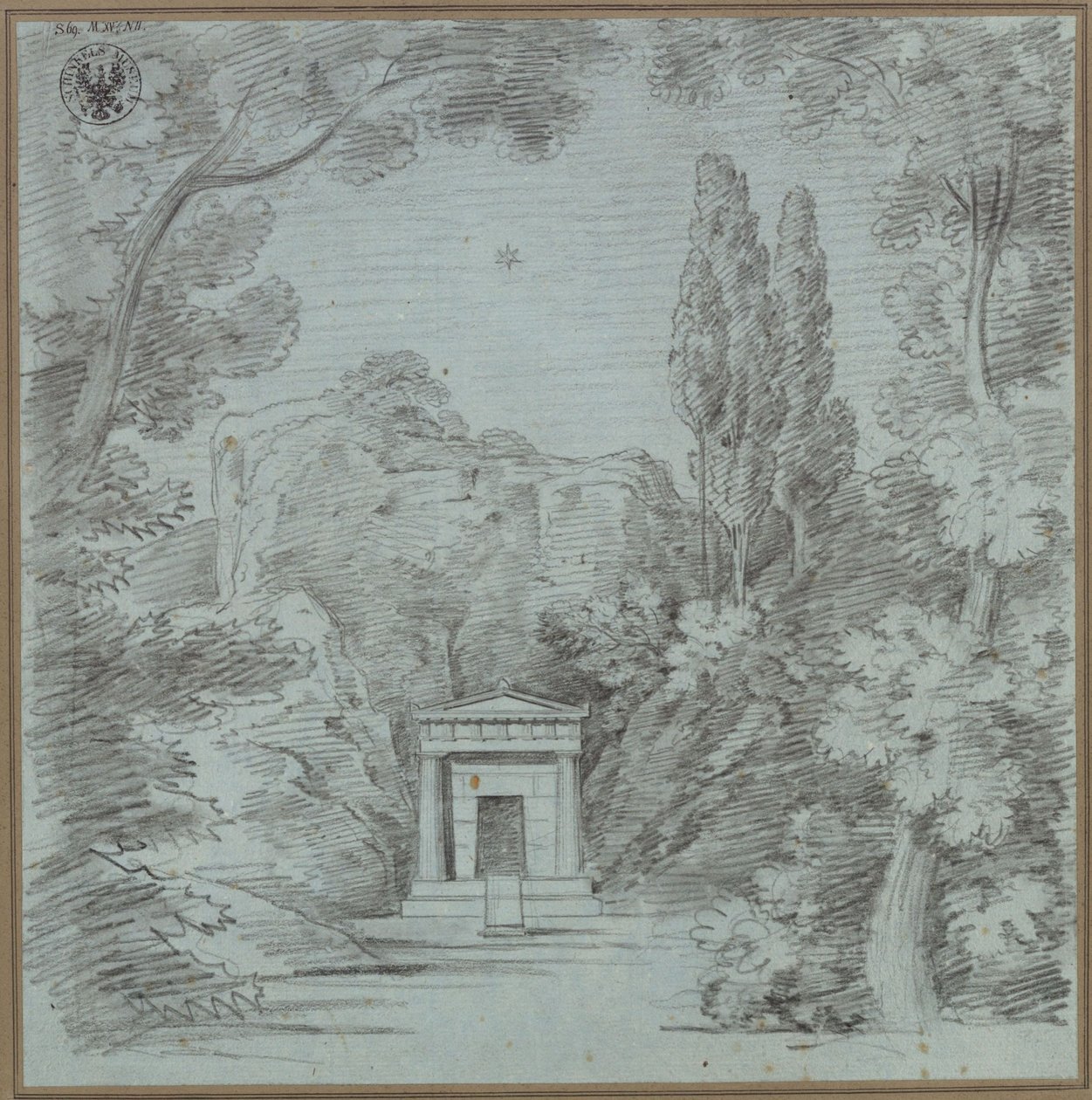 Orpheus ja Euredice. Christoph Willibald Gluckin ooppera. Luonnos ensimmäiseen lavastukseen (). Luonnos kallion päälle rakennettavasta mausoleumista tekijältä Karl Friedrich Schinkel