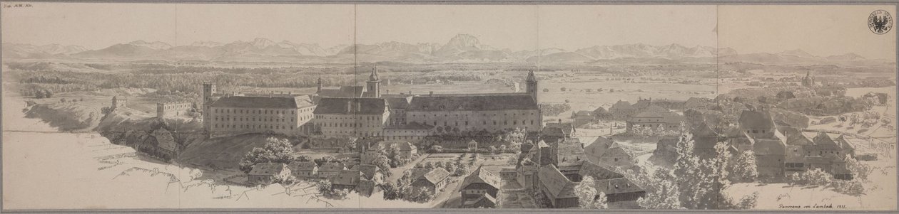 Panoraamakuva Lambachista ja sen benediktiiniluostarista tekijältä Karl Friedrich Schinkel