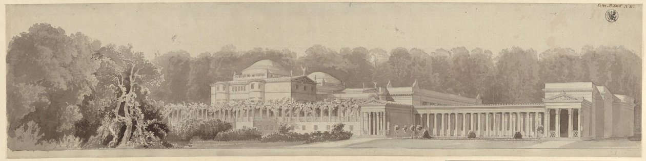 Potsdam-Sanssouci. Antiikkinen maalaistalo Charlottenhofin linnan lähellä. Perspektiivikuva koillisesta tekijältä Karl Friedrich Schinkel