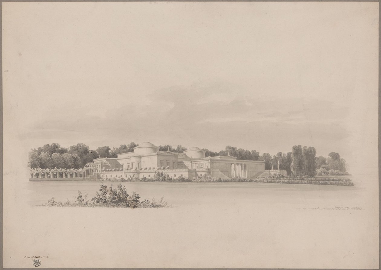 Potsdam-Sanssouci. Antiikkinen maalaistalo Charlottenhofin linnan lähellä. Perspektiivikuva koillisesta tekijältä Karl Friedrich Schinkel