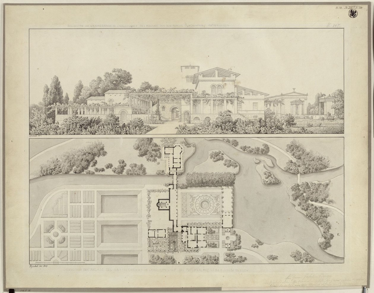 Potsdam-Sanssouci. Roomalaiset kylpylät Charlottenhofin linnan luona. Näkymä lännestä ja puutarhurintalon pohjapiirros tekijältä Karl Friedrich Schinkel