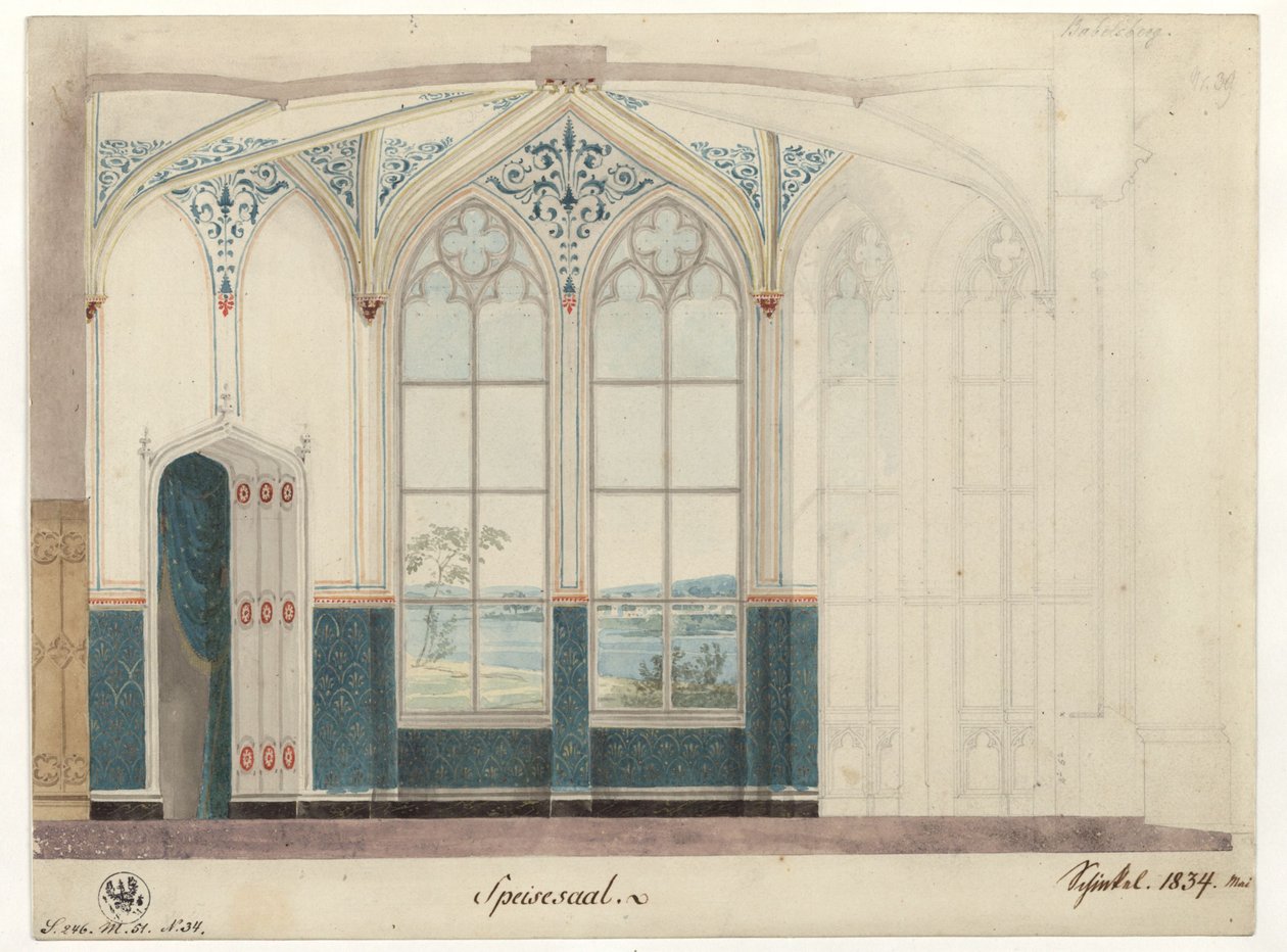 Potsdam. Babelsbergin linna. Ruokasali. Seinäkoristelu tekijältä Karl Friedrich Schinkel