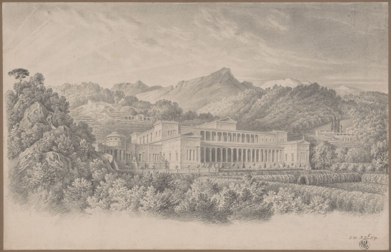 Villa Tuscan rekonstruktio Pliniuksen kuvauksen perusteella. Perspektiivikuva tekijältä Karl Friedrich Schinkel