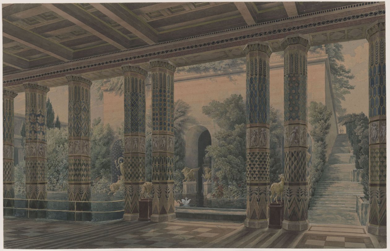 Oriandan linna Krimillä. Antiikin tyylinen suunnitelma. Vastaanottohalli, keisarillinen puutarha tekijältä Karl Friedrich Schinkel