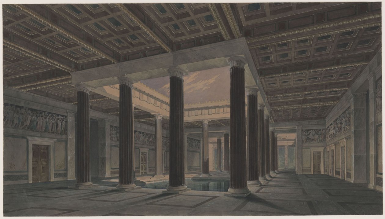 Oriandan linna Krimillä. Antiikkia jäljittelevä suunnitelma. Suuri atrium tekijältä Karl Friedrich Schinkel