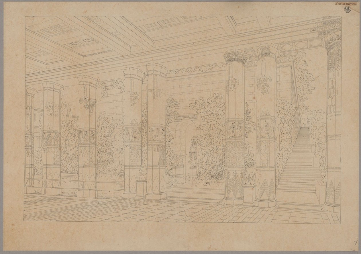 Oriandan linna Krimillä. Antiikkiaiheinen suunnitelma. Perspektiivikuva keisarillisen hovin pylväiköstä altaineen ja museoineen tekijältä Karl Friedrich Schinkel
