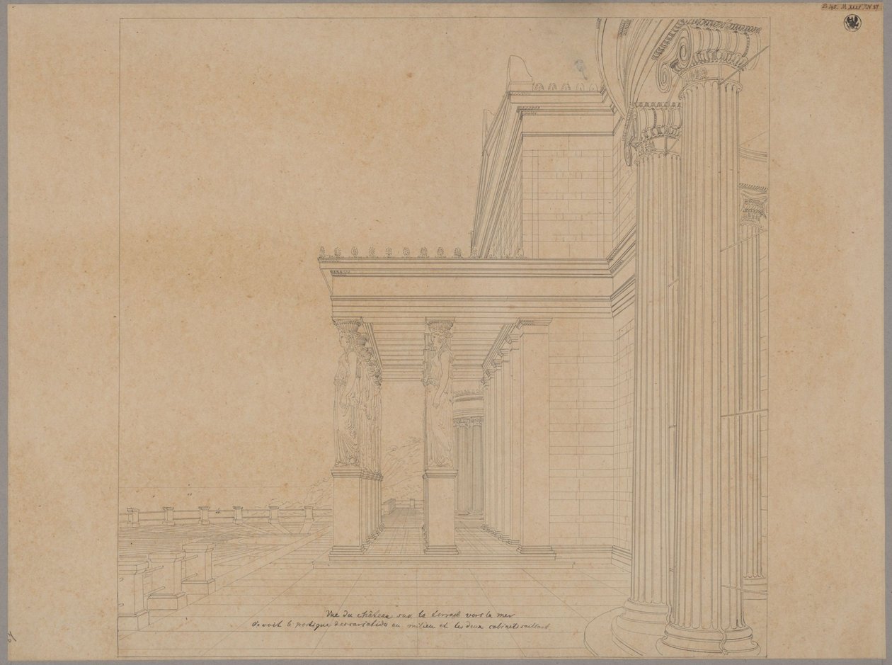 Oriandan linna Krimillä. Antiikkityylinen arkkitehtuuri. Linnaan kuuluva terassi, jonka portikus avautuu merelle tekijältä Karl Friedrich Schinkel