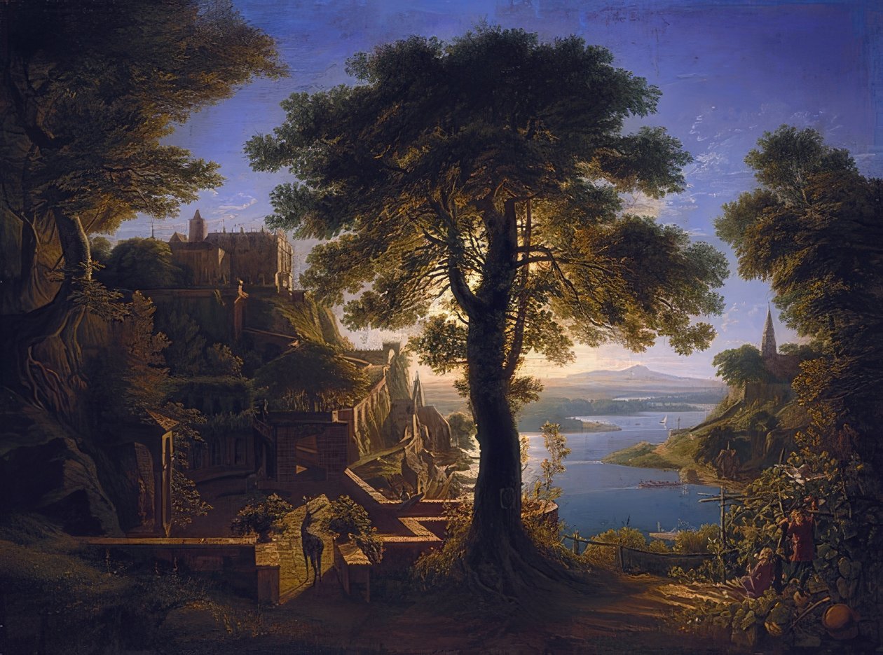 Linna joen varrella. 1820 tekijältä Karl Friedrich Schinkel