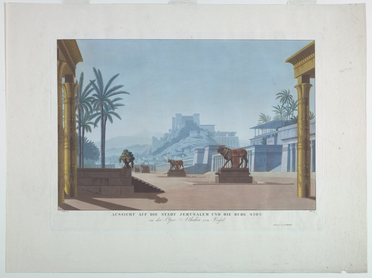Lavasuunnittelu: Jerusalem ja Siion-vuori, Athalialle tekijältä Karl Friedrich Schinkel