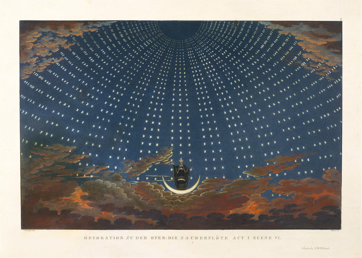 Lavastus Wolfgang Amadeus Mozartin oopperaan Taikahuilu, 1847-1849. tekijältä Karl Friedrich Schinkel