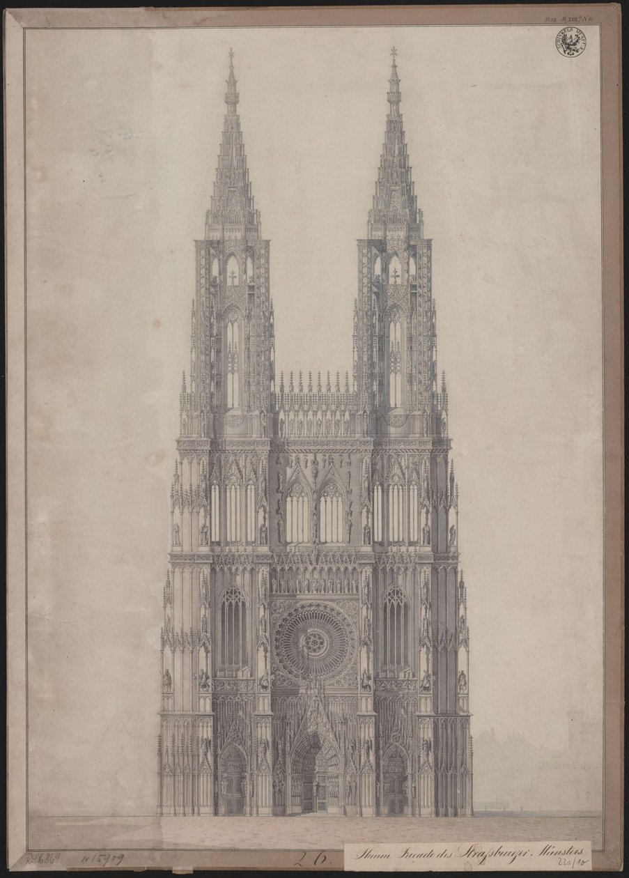 Strasbourg. Tuomiokirkko. Suunnitelma länsijulkisivun viimeistelemiseksi tekijältä Karl Friedrich Schinkel
