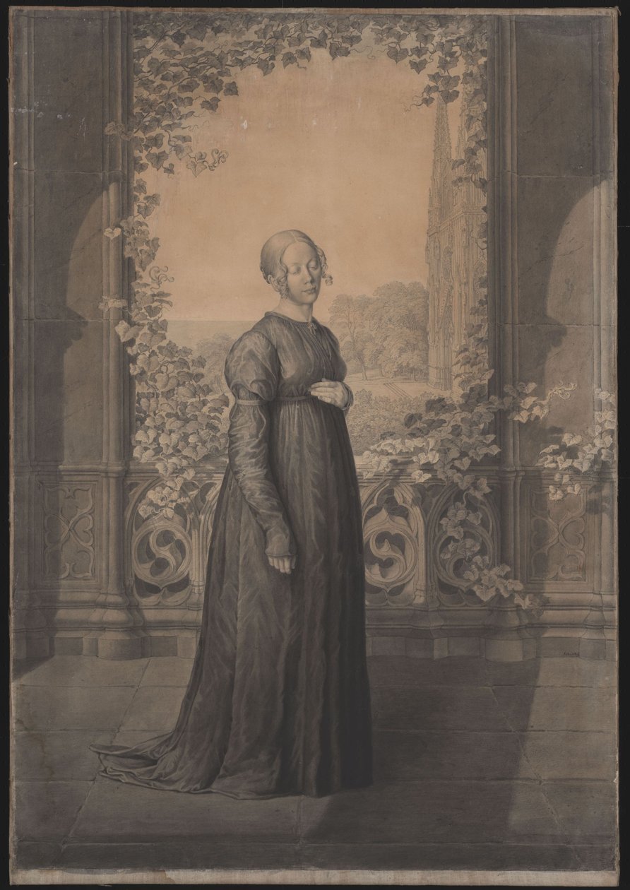 Susanne Schinkel muinaissaksalaisessa puvussa goottilaisen arkkitehtuurin edustalla, taustalla maisema ja goottilainen katedraali tekijältä Karl Friedrich Schinkel