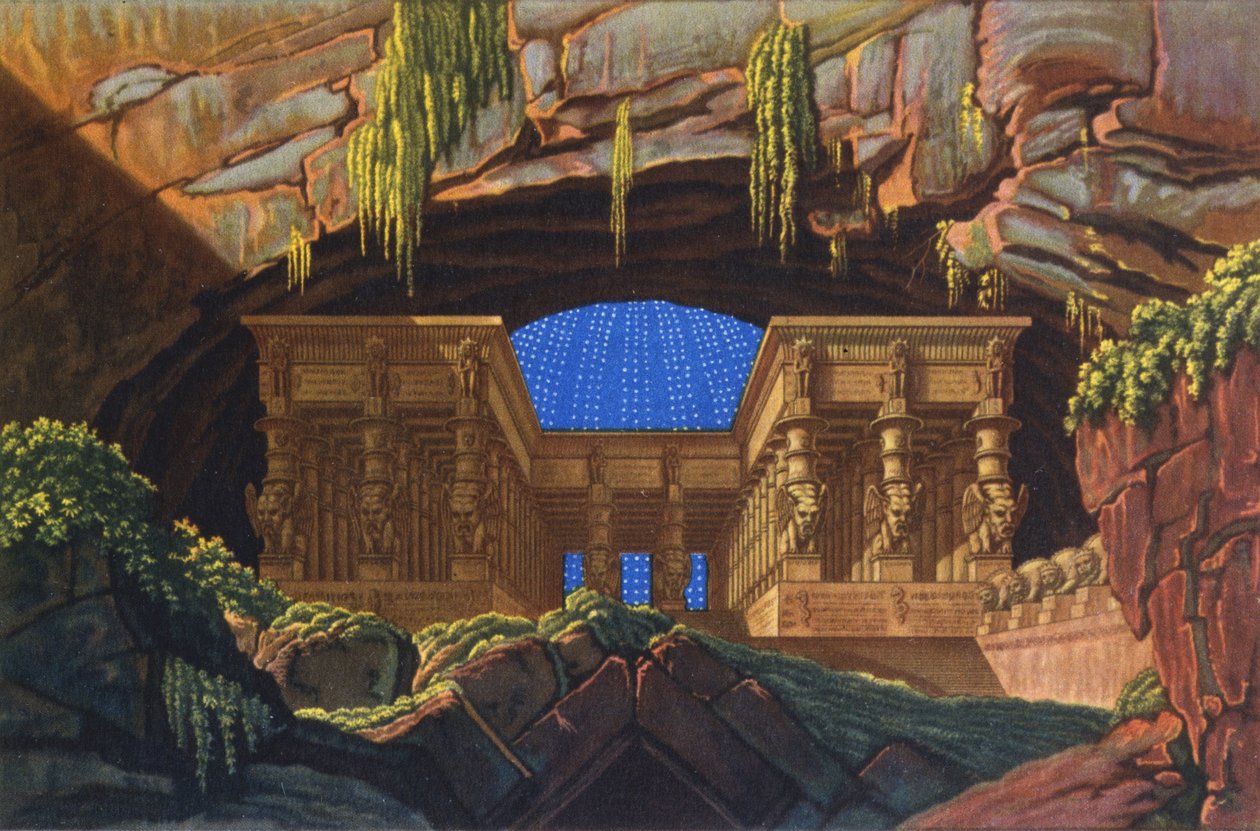 Isisin ja Osiriksen temppeli, jossa Sarastro Ylipappi hoitaa "Die Zauberfloten" tekijältä Karl Friedrich Schinkel