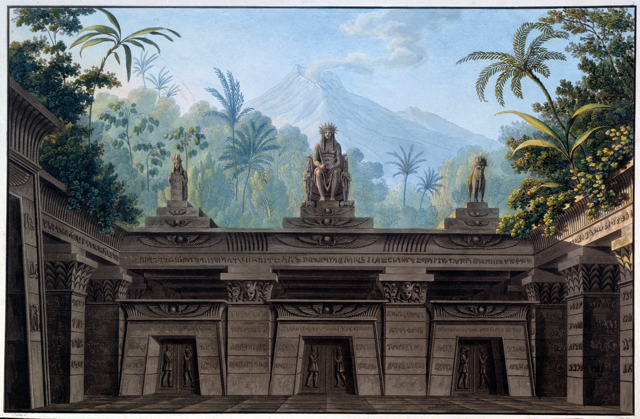 Teatterin sisustus: Sisustus Wolfgang Amadeus Mozartin oopperaan "La flute enchante (Die Zauberflote) Emanuel Schikanederin libretona. Piirustus: Karl Schinkel (1781 - 1841) tekijältä Karl Friedrich Schinkel
