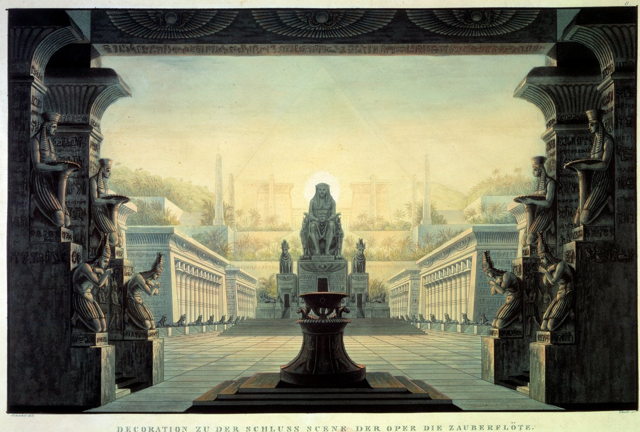Teatterin sisustus: Sisustus Wolfgang Amadeus Mozartin oopperaan "La flute enchante (Die Zauberflote) Emanuel Schikanederin libretona. Piirustus: Karl Schinkel (1781-1841) tekijältä Karl Friedrich Schinkel