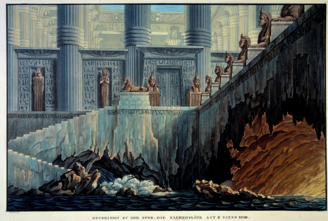 Teatterisisustus lumoavalle huilulle (Wolfgang Amadeus Mozartin ooppera "Die Zauberflote"). Kaiverrus Karl Schinkel (1781-1841) Ec. Kaikki. tekijältä Karl Friedrich Schinkel