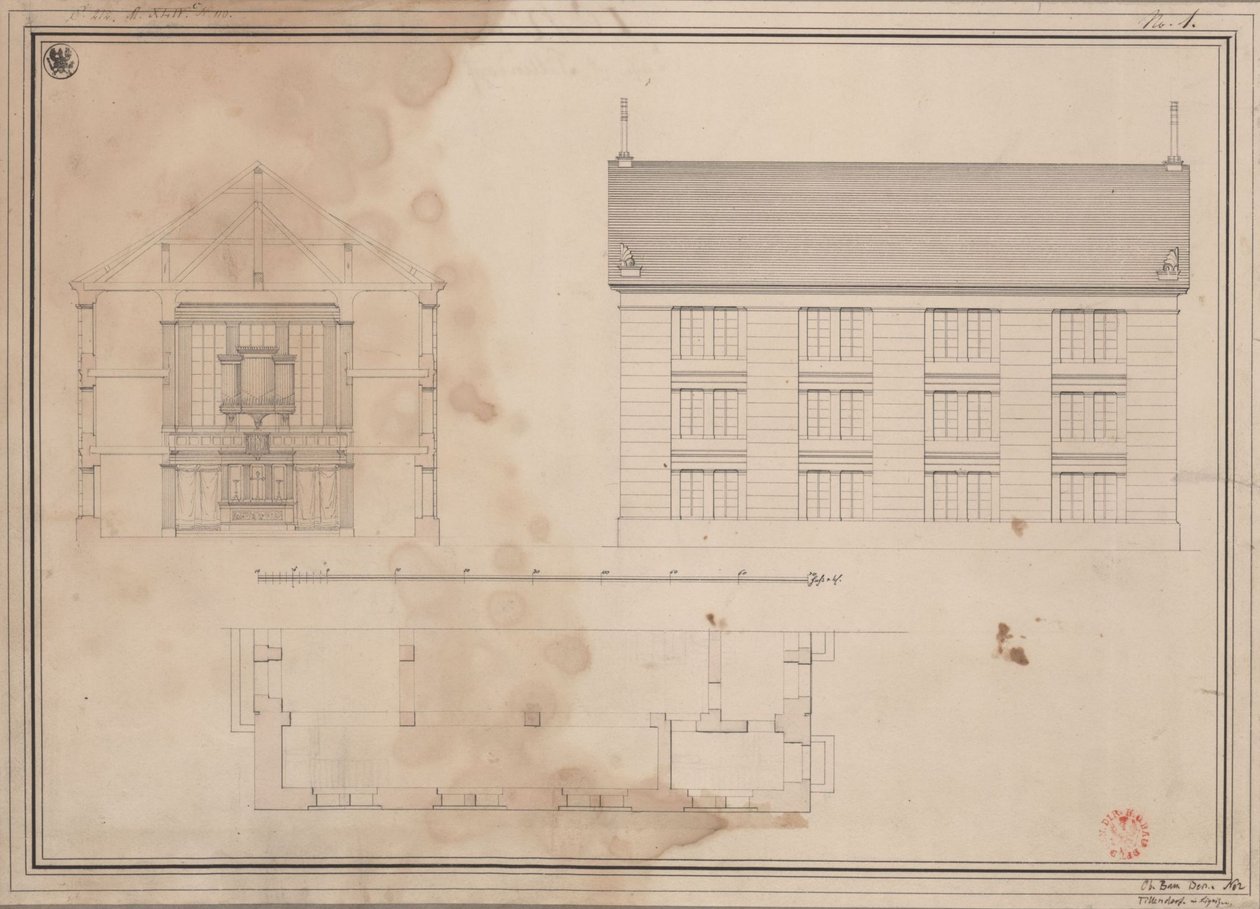 Tillendorf (Bolesławice, Liegnitzin hallintopiiri). Evankelisen kirkon luonnos. Pohjapiirros, sivujulkisivun piirros ja poikkileikkaus tekijältä Karl Friedrich Schinkel