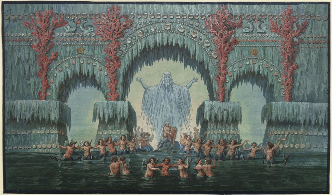 Undine. E. T. A. Hoffmannin ooppera. Luonnos 10. lavastuksesta. Kühlebornin vesipalatsi tekijältä Karl Friedrich Schinkel