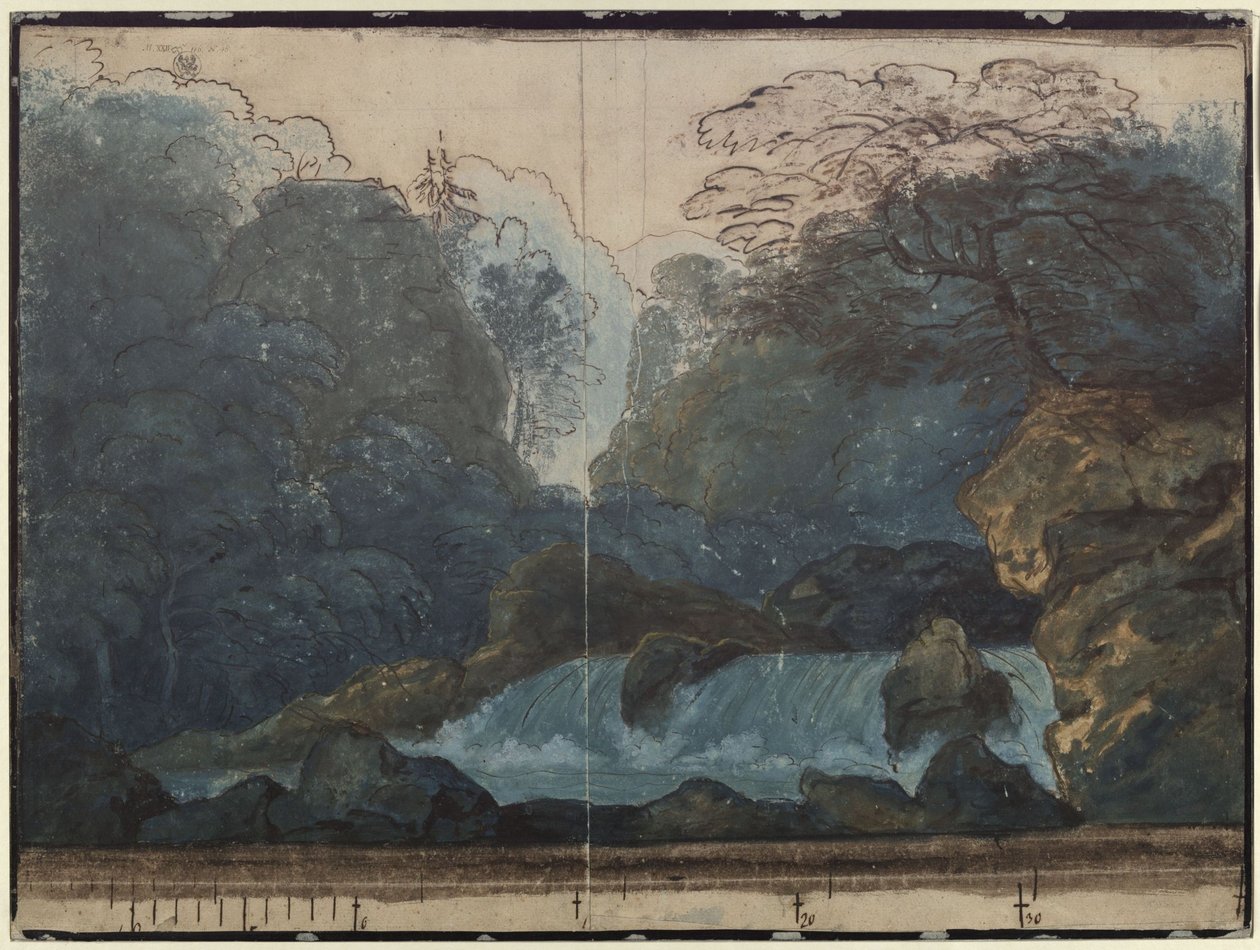 Undine. E. T. A. Hoffmannin ooppera. Toisen lavastuksen luonnos. Metsä ja vesiputous tekijältä Karl Friedrich Schinkel