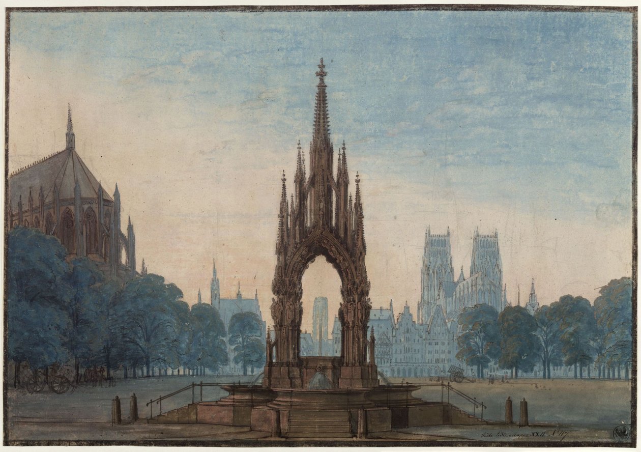 Undine. E. T. A. Hoffmannin ooppera. Kolmannen lavastuksen luonnos. Torialue ja suihkulähde tekijältä Karl Friedrich Schinkel