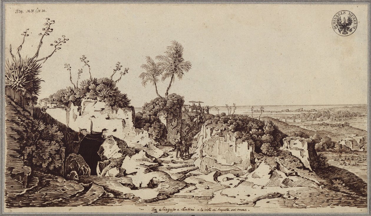 Syrakusan ja Lentinin välillä, näkymä Augustaan ja merelle tekijältä Karl Friedrich Schinkel