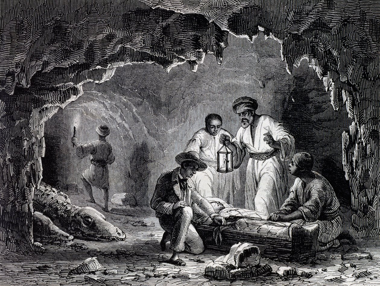 Arkeologiset löydöt Samounin luolissa, kaiverrus Karl Girardetin (1813-1871) piirustuksen perusteella tekijältä Karl Girardet