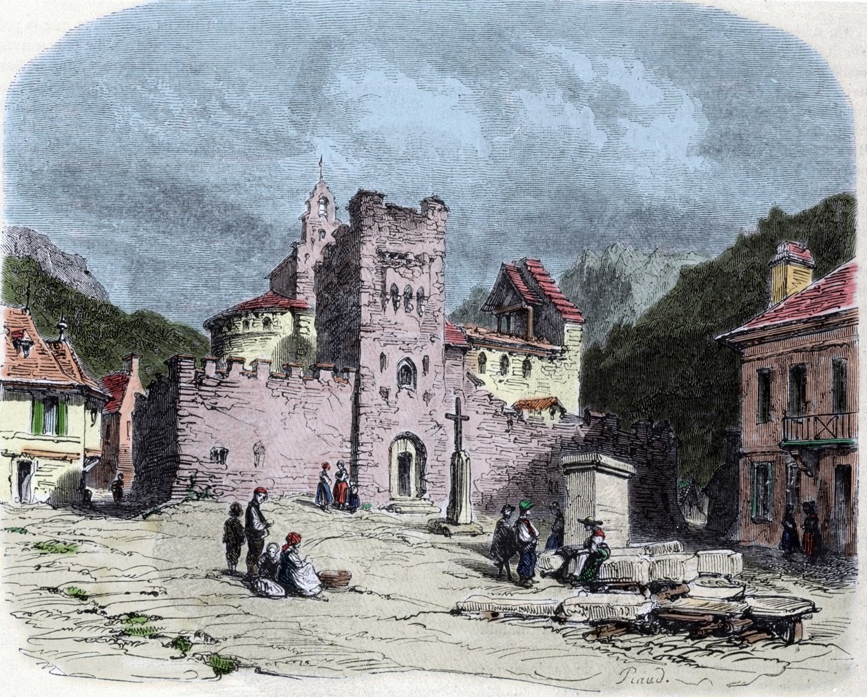 Temppeliritarikunnan ritarikunnan kirkko (Temppelit) Luz Saint Saviourissa (Luz-Saint-Sauveur tai Luz St Saviour, Luz-St-Sauveur). Karl Girardetin piirustus (1813-1871) tekijältä Karl Girardet