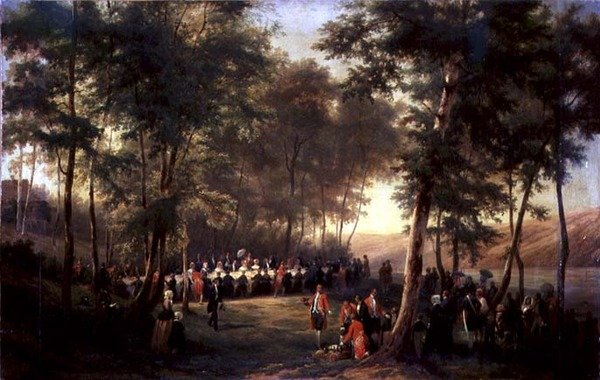 Louis-Philippe (1773-1850) tarjosi lounaan kuningatar Victorialle (1819-1901) Eu:n metsässä 6. syyskuuta 1843, 1844 (ks. myös 379713). tekijältä Karl Girardet