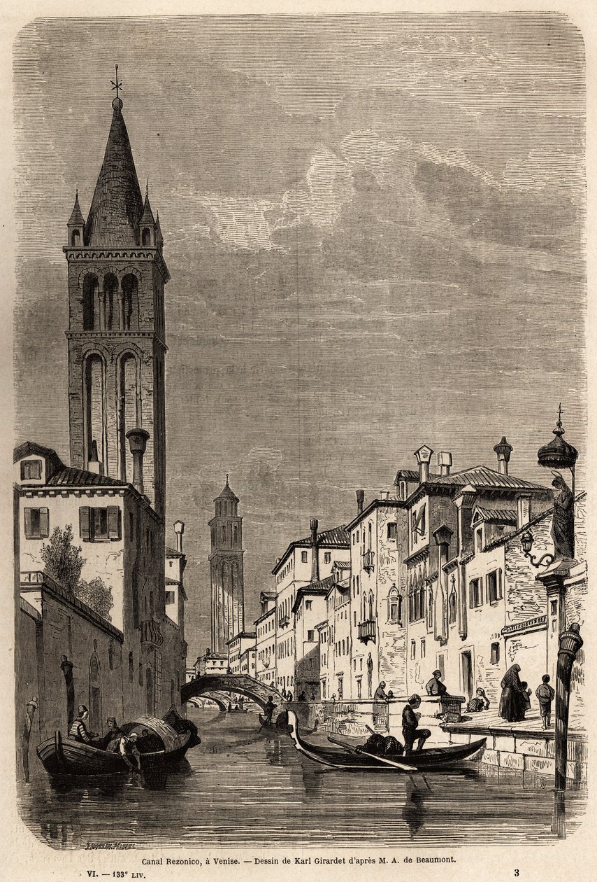 Rezonicon kanava, piirustus Karl Girardet (1813-1871), havainnollistamaan Adalbert de Beaumontin matkaa Venetsiaan, noin 1850. Kaiverrus kirjaan "" Le tour du monde", toimittanut Edouard Charton tekijältä Karl Girardet