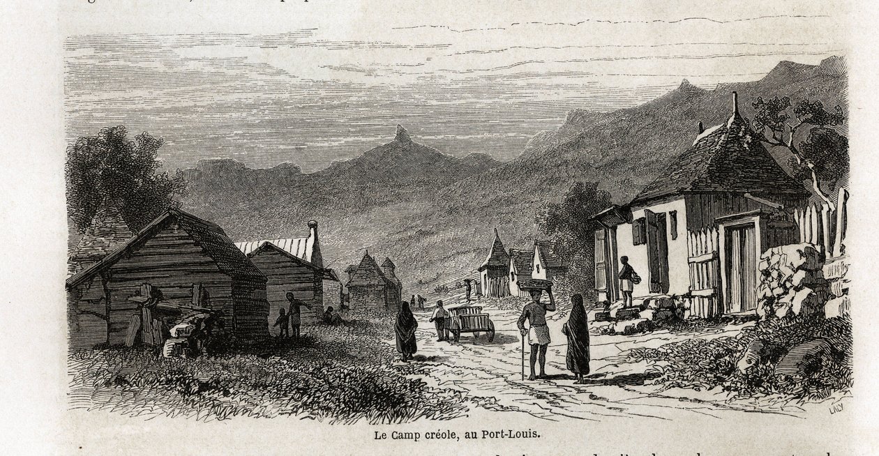 Leirikreoli, Port Louisissa, piirustus Karl Girardet (1813-1871), havainnollistamaan Alfred Verneyn oleskelua Mauritiuksella vuonna 1861. Kaiverrus kirjaan "" Le tour du monde", toimittanut Edouard Charton tekijältä Karl Girardet