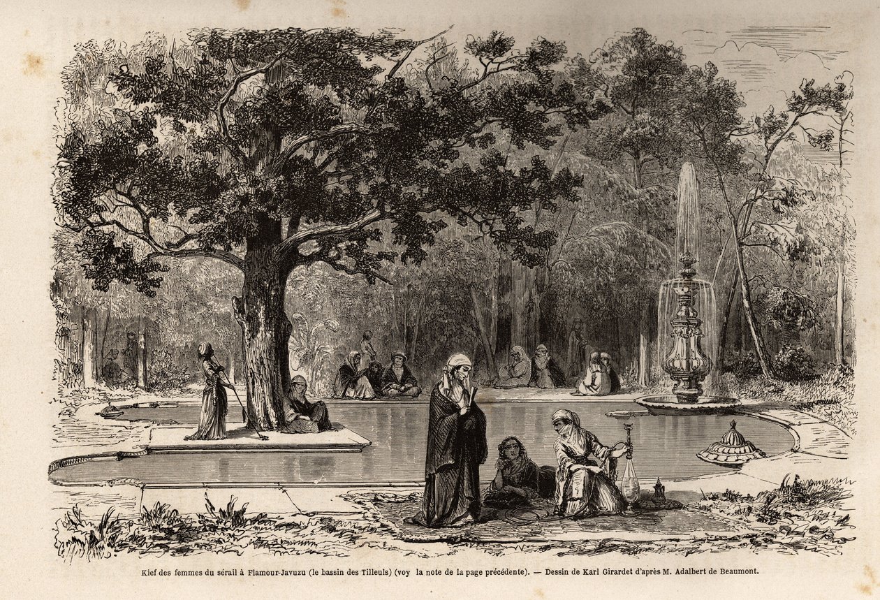 Serail-naisten kief Flamour-Javuzussa (Flavour Javuzu), Konstantinopolin palatsissa (nykyinen Itamboul), Turkissa, Karl Girardetin (1813-1871) piirustus havainnollistamaan vierailua serailille vuonna 1860 , nimettömältä naiselta. Kaiverrus " tekijältä Karl Girardet
