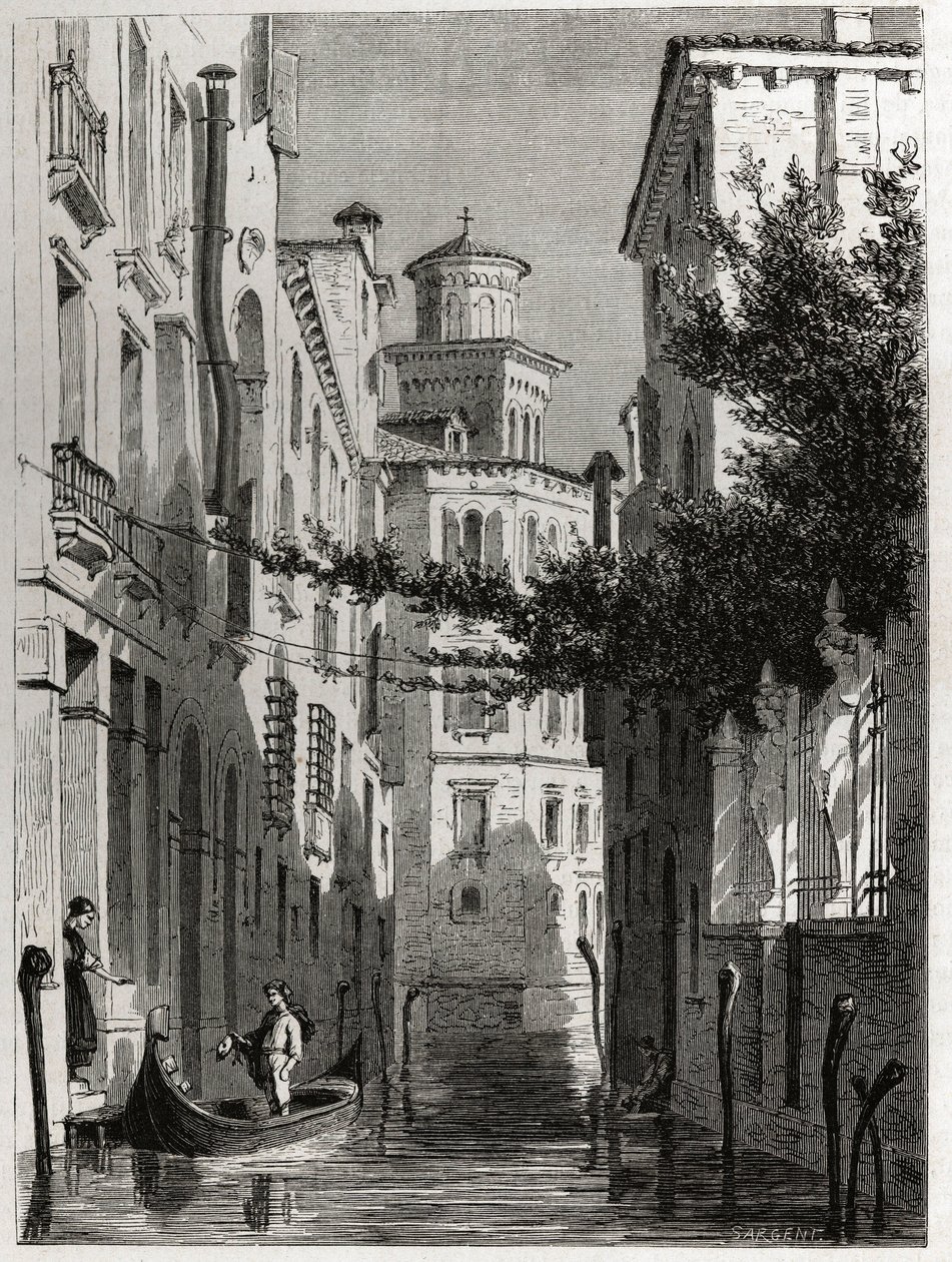 Bianca Cappellon palatsi Venetsiassa, Venetsiassa. piirustus Karl Girardet (1813-1871), havainnollistaa Adalbert de Beaumontin matkaa Venetsiaan noin 1850. Kaiverrus kirjaan "" Le tour du monde", toimittanut Edouard Charton tekijältä Karl Girardet