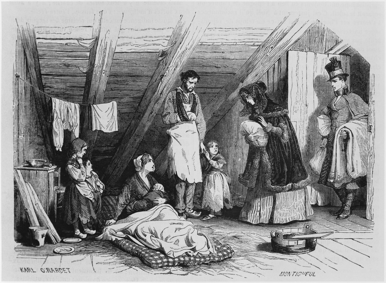 Vierailu köyhien luona, kuva "Le Magasin Pittoresque", Pariisi, 1844 tekijältä Karl Girardet