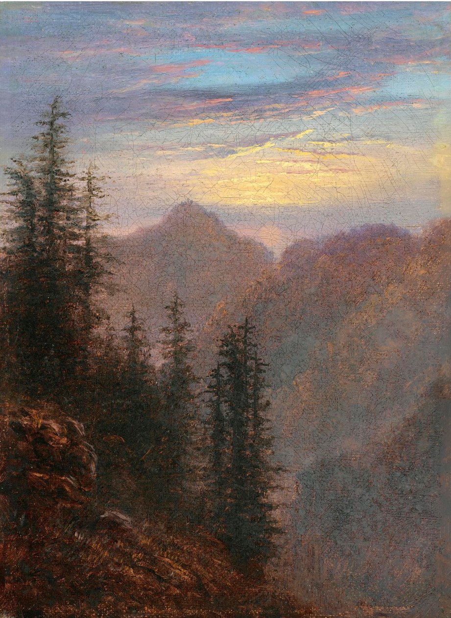 ""Vuorimaisema hämärässä" Carl Gustav Caruksen (1789-1869) maalaus 1800-luku Öljy kankaalle Koko 20,6x15,1 cm Yksityinen kokoelma tekijältä Karl Gustav Carus