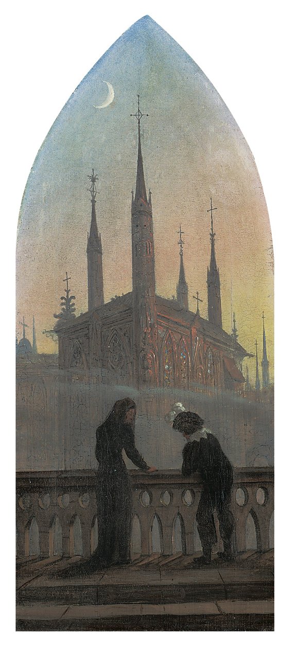 Ihmiset vanhoissa saksalaisissa pukeutuessaan miettivät keskiaikaista kaupunkia tekijältä Karl Gustav Carus