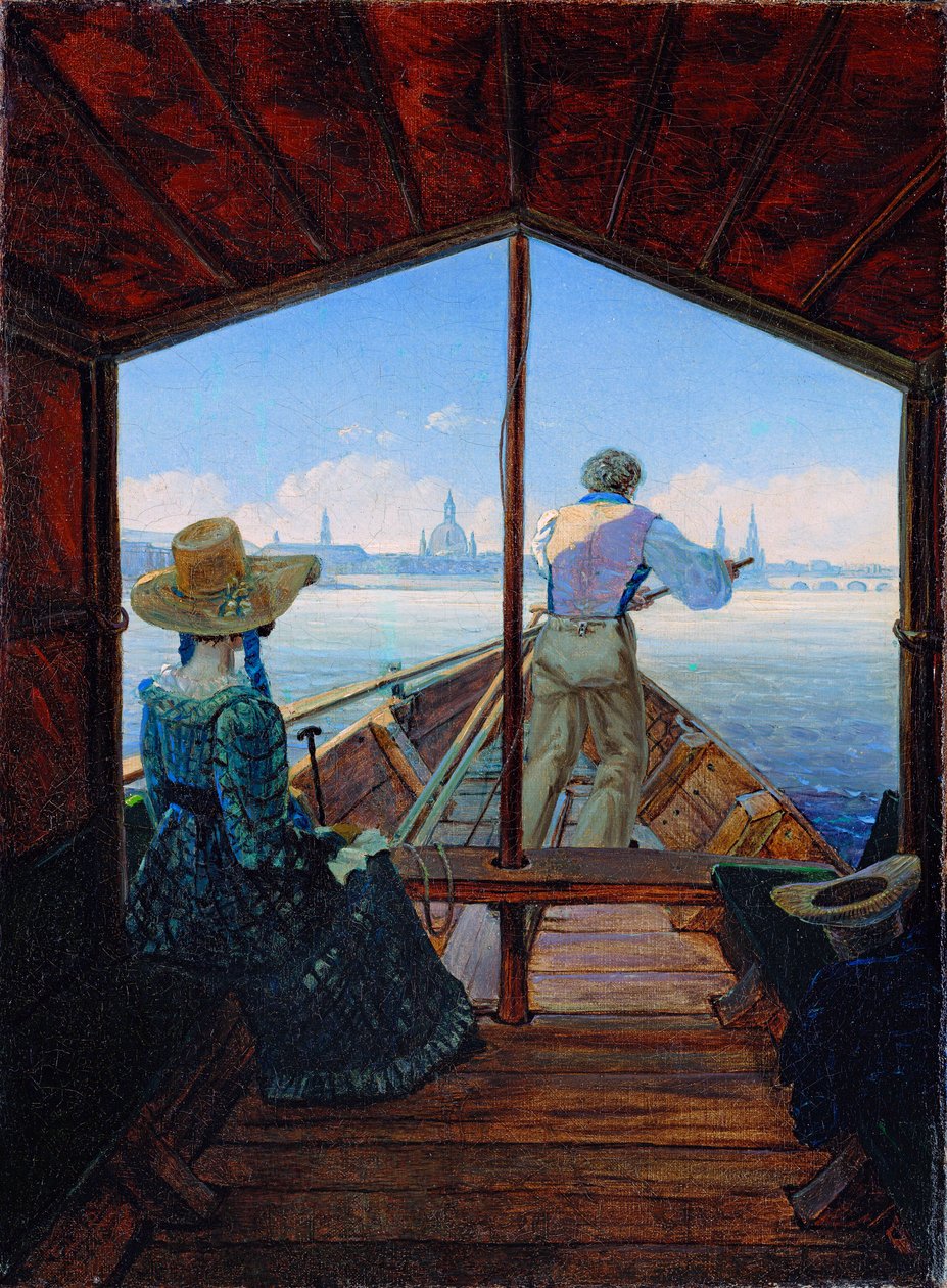""Varhain aamulla Elbellä"" veneretki Elbellä lähellä Dresdeniä (Proomumatka Elbelle lähellä Dresdeniä (Aamu Elbellä) Carl Gustav Carusin (1789-1869) maalaus Öljy kankaalle 1827 Dim 29x22 cm Museum Kunstpalast, Düsseldorf tekijältä Karl Gustav Carus