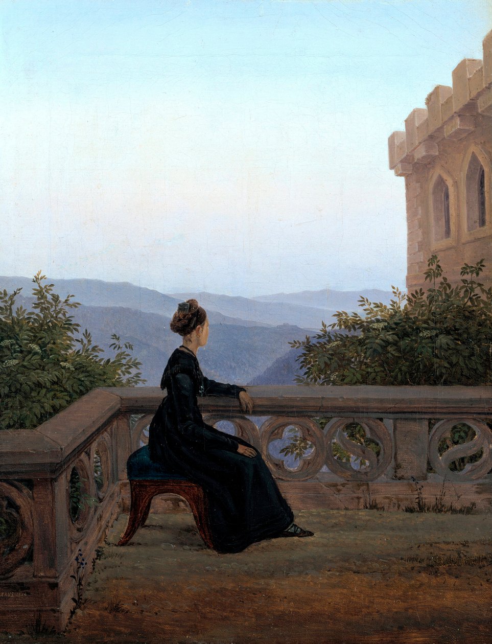 ""Naisen muotokuva terassilla"" (Nainen parvekkeella) Carl Gustav Caruksen (1789-1869) maalaus Öljy kankaalle 1824 Halkaisija 42x32 cm Valtion taidegalleria, Dresden tekijältä Karl Gustav Carus