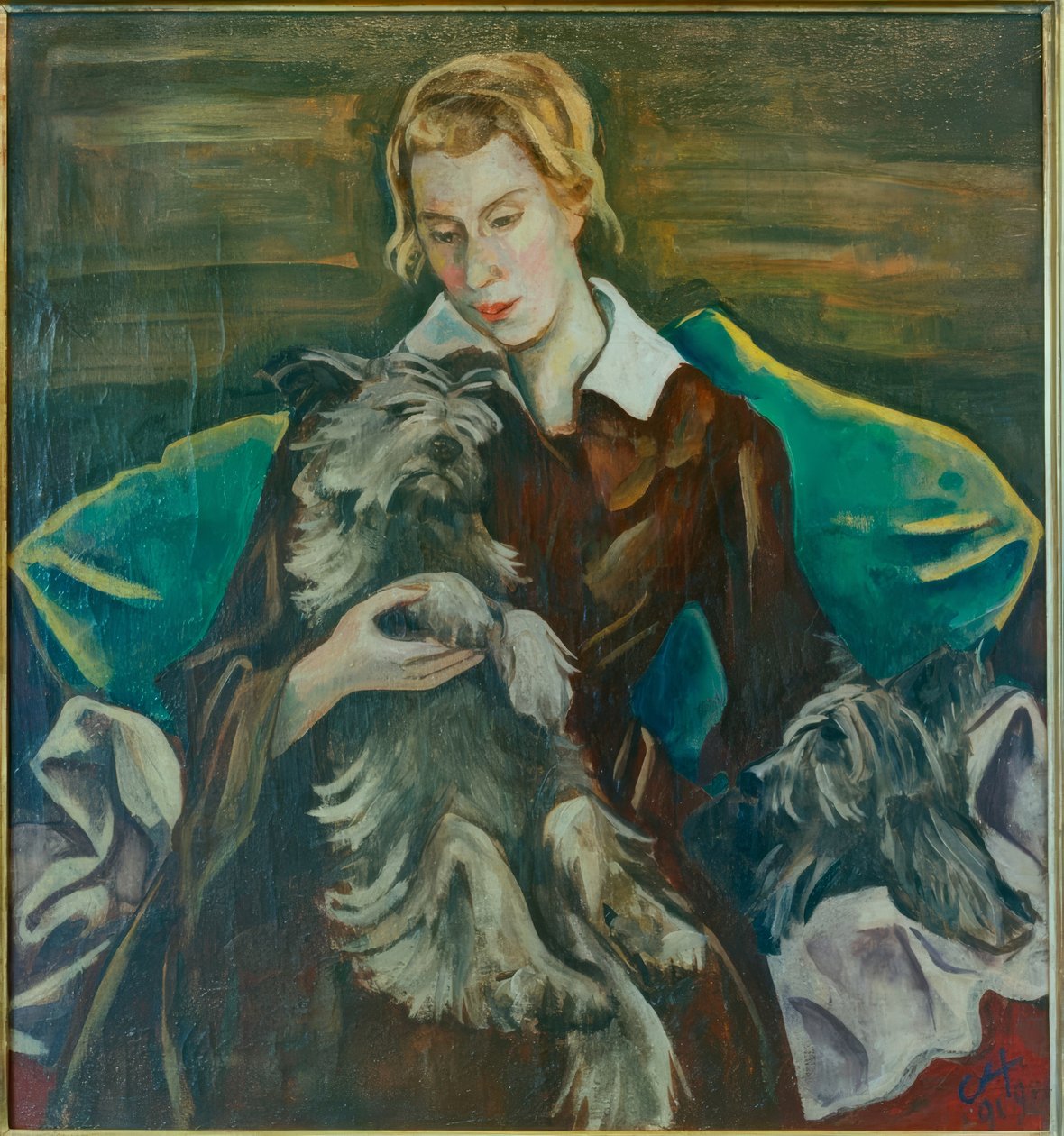 Felicitas Hallerin muotokuva hänen skye terriereidensä Romuluksen ja Remuksen kanssa tekijältä Karl Hofer