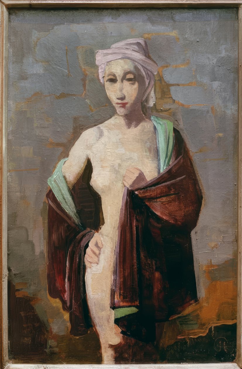 Seisova – puolialaston, violetti huivi tekijältä Karl Hofer