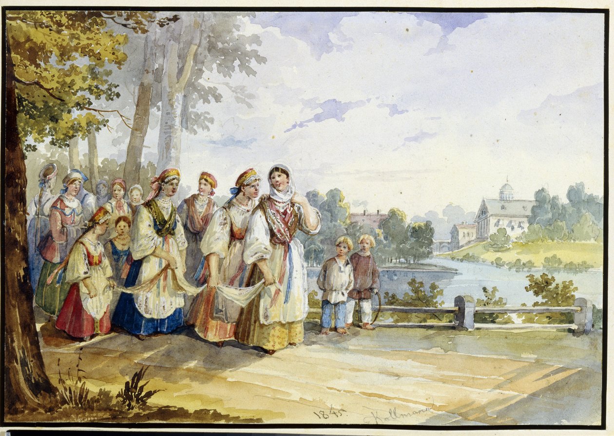 Venäläiset talonpoikatytöt juhlamekossa. Karl Ivanovich Kolmanin (1786-1846) teos, akvarelli pahville tekijältä Karl Ivanovich Kolmann