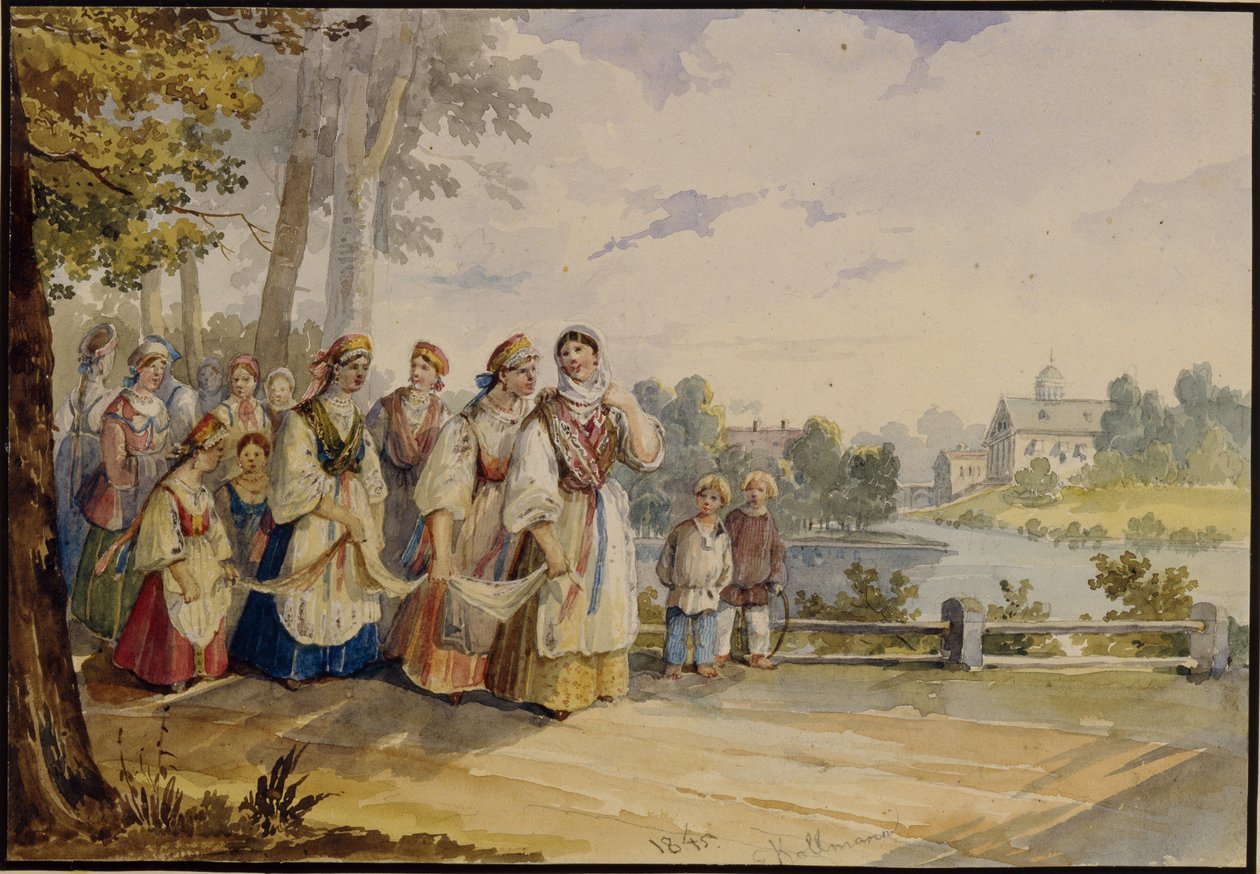 Venäläiset talonpoikatytöt juhlapuvussa, 1845 tekijältä Karl Ivanovich Kolmann