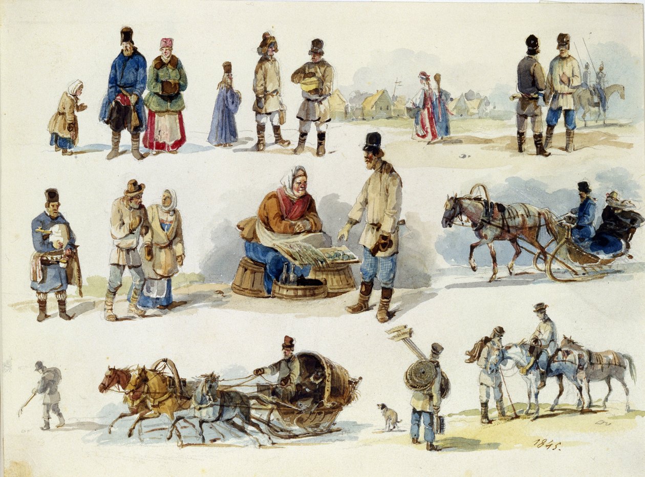 Venäjän kansantyypit. (Venäjän kansantyypit). Karl Ivanovich Kolmanin (1786-1846) työ, akvarelli pahville tekijältä Karl Ivanovich Kolmann
